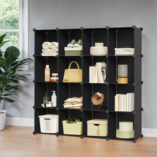 16-Cube Modular Storage System - Heavy Duty Plastic & Metal Organizer, Tool-Free Assembly, Multi-Functional Use, Black
