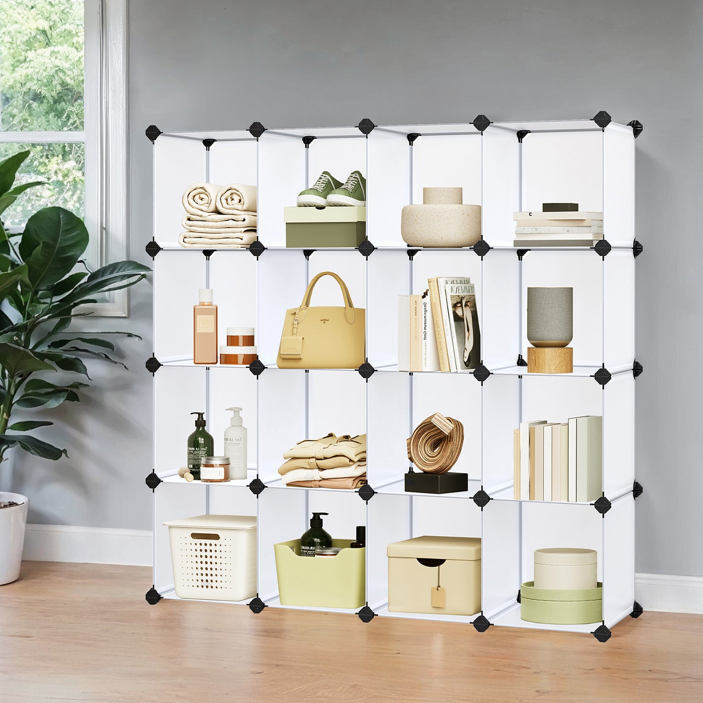 16-Cube Modular Storage Shelf - Heavy Duty Plastic & Metal Bookcase, Closet Organizer with Tool-Free Assembly, White