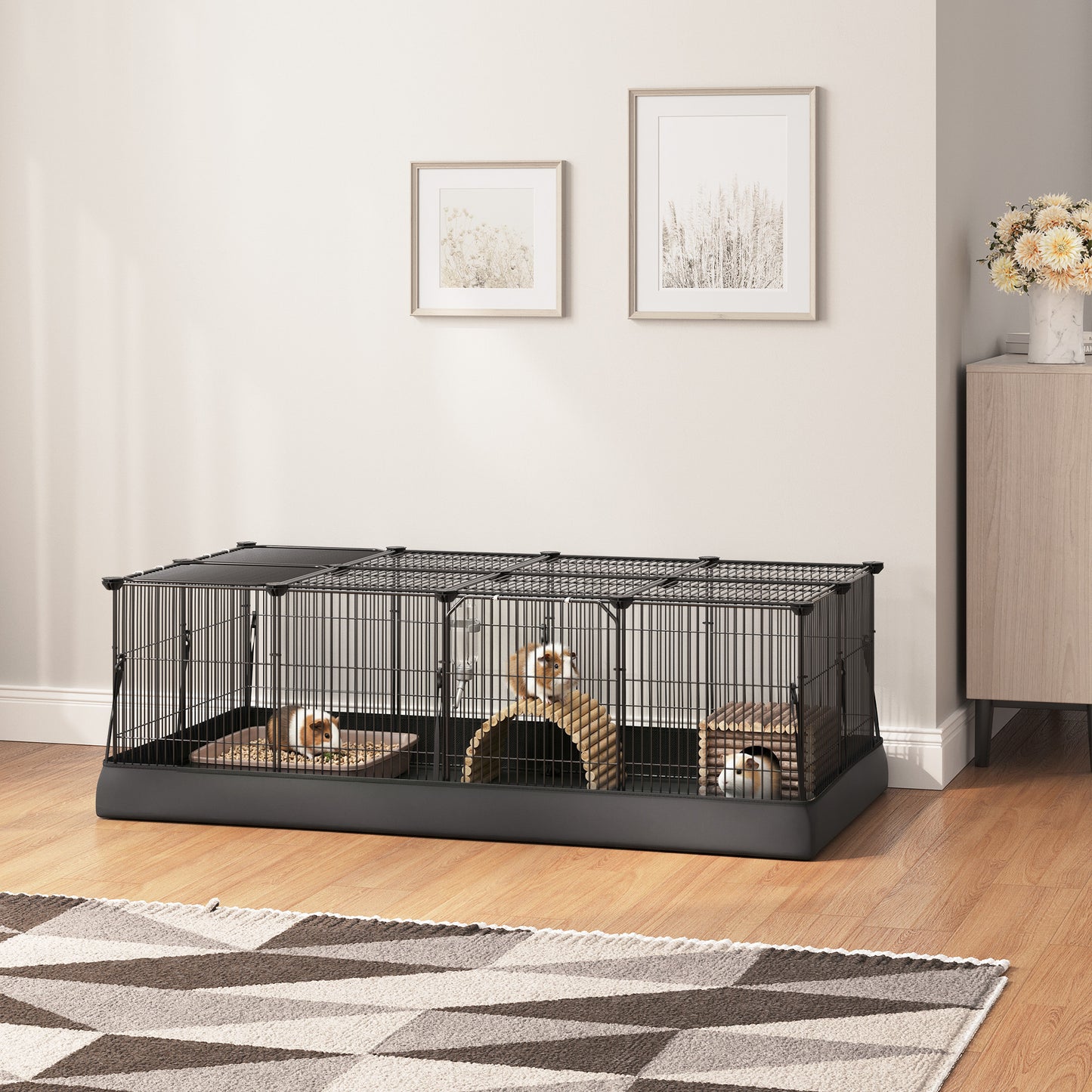 Small Animal Playpen Cage with Waterproof Mat, 48.4 x 24.8 Inch Guinea Pig and Rabbit Cage with Top and Side Door, 20 Panels, Ink Black