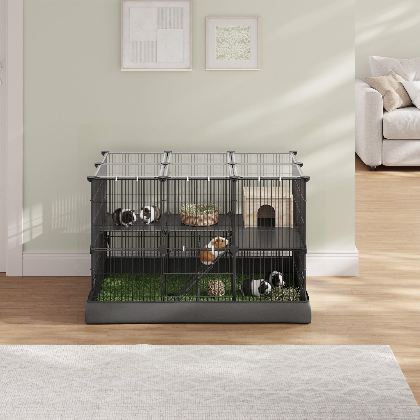 2-Tier Guinea Pig Cage with Ramp & Waterproof Mat, 35-Panel Small Animal Playpen with Top & Side Doors, for Rabbits, Hamsters, Ink Black