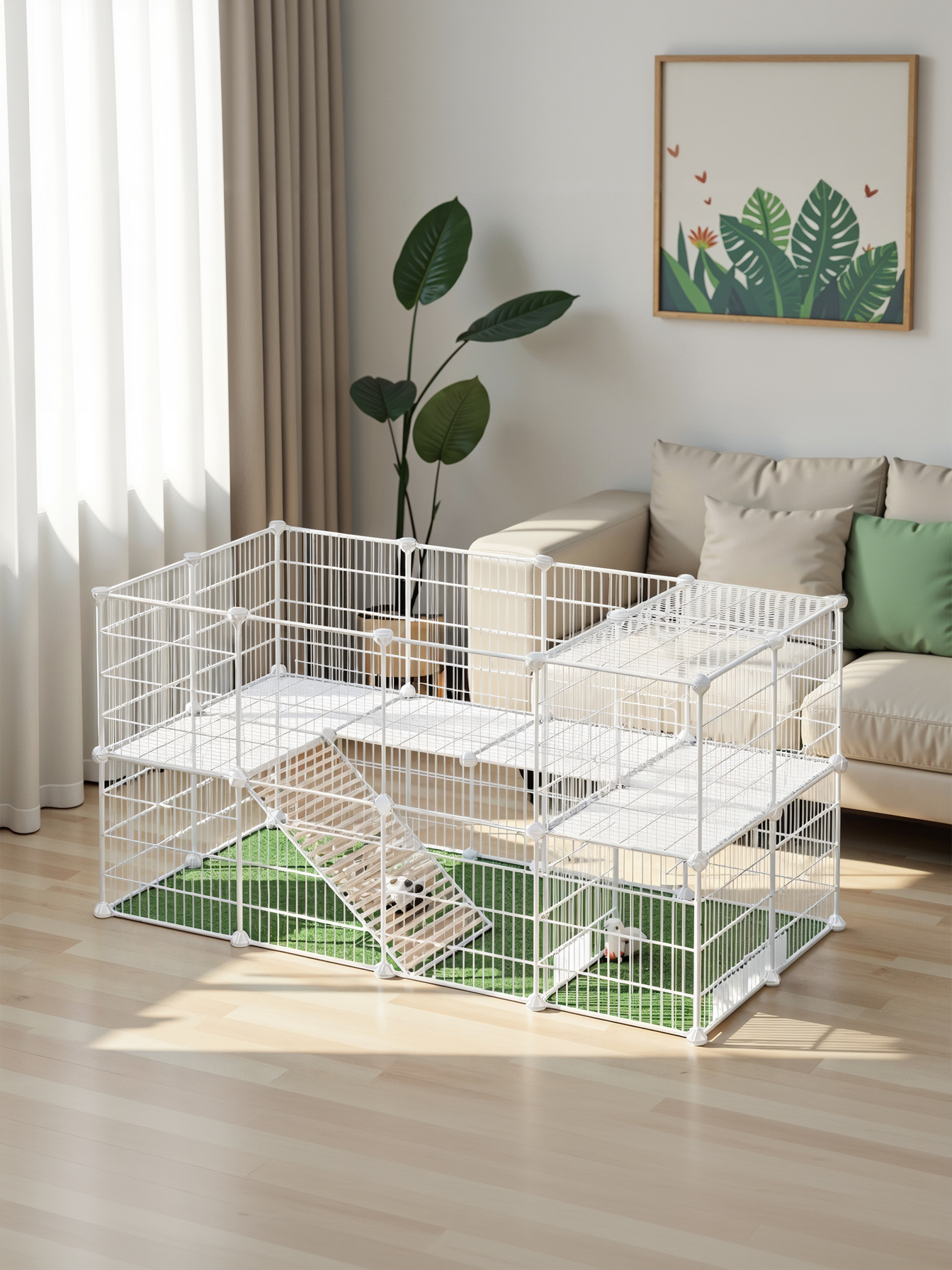 36-Panel Two-Story Pet Playpen, Metal Wire Small Animal Cage for Rabbits, Guinea Pigs, Puppies, with Zip Ties & Non-Slip Pads, White