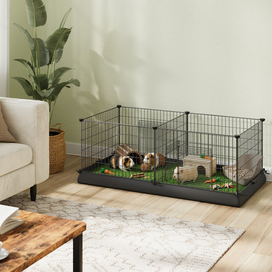 Metal Grid Guinea Pig Cage with Waterproof Washable Liner, 2-Space Small Animal Playpen for Rabbits, Ferrets, Hedgehogs, 48.4 x 24.8 x 18.1 Inches, Black