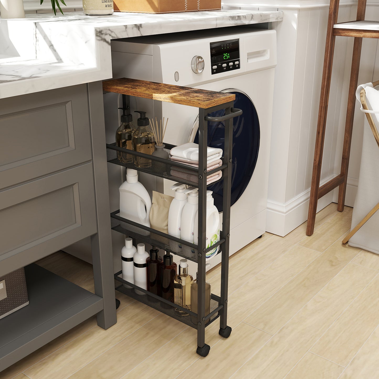 4-Tier Rolling Utility Cart with Handle, Slim Storage Trolley with Mesh Baskets, Metal Frame for Kitchen, Dining Room, Office & Living Spaces, Rustic Brown and Black