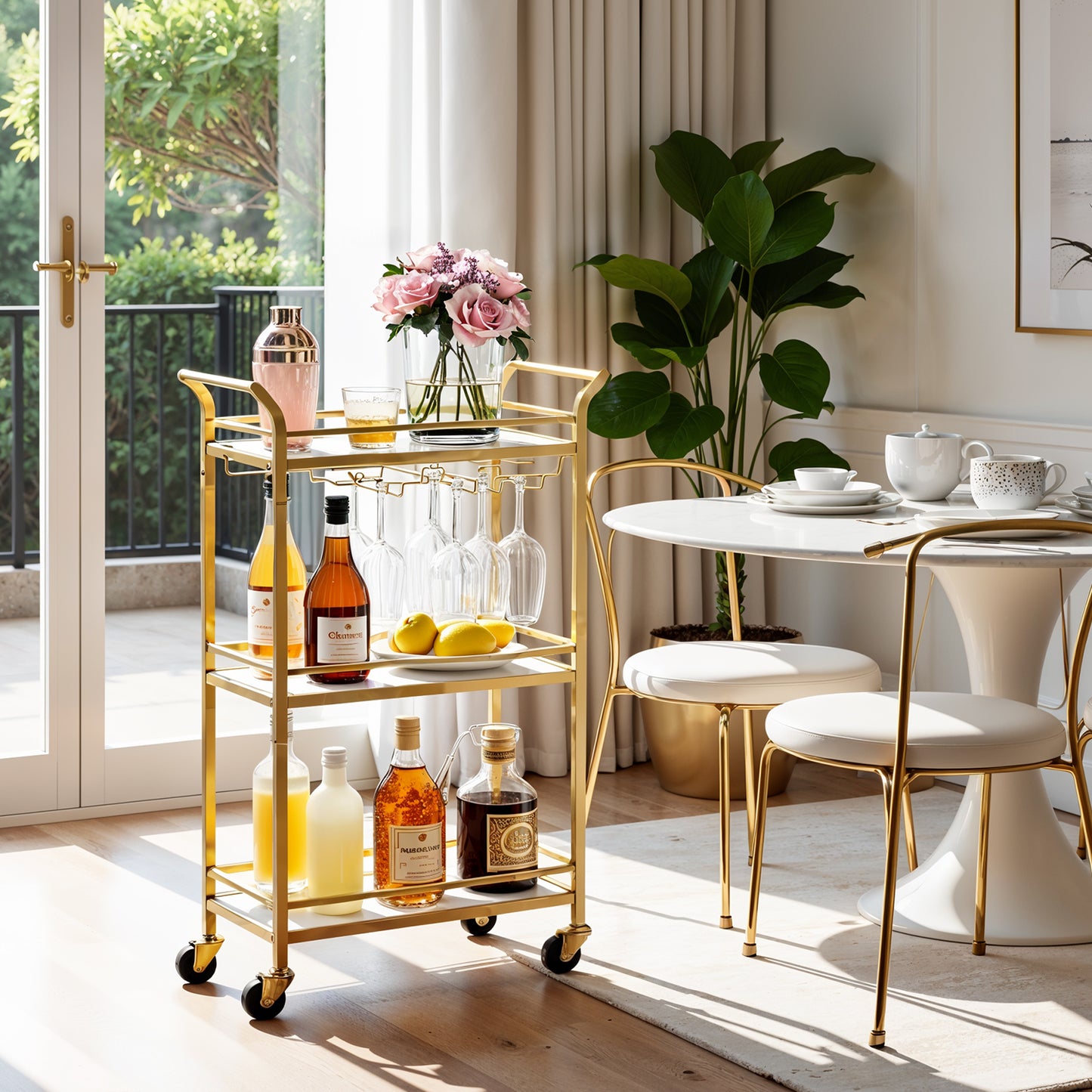 3-Tier Bar Cart with Wine Rack, Kitchen Serving Cart with Glass Holders for Small Spaces, Dining Room and Living Room, Pale Gold