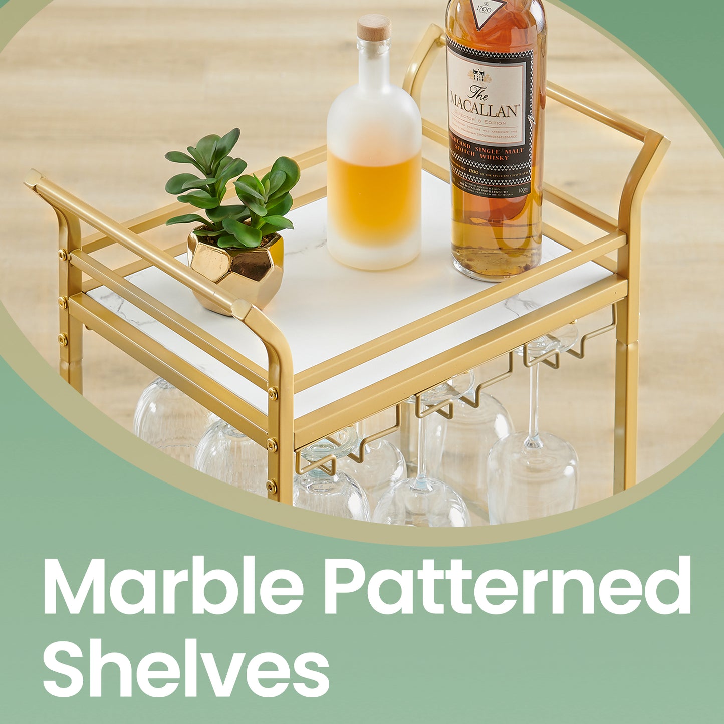 3-Tier Bar Cart with Wine Rack, Kitchen Serving Cart with Glass Holders for Small Spaces, Dining Room and Living Room, Pale Gold