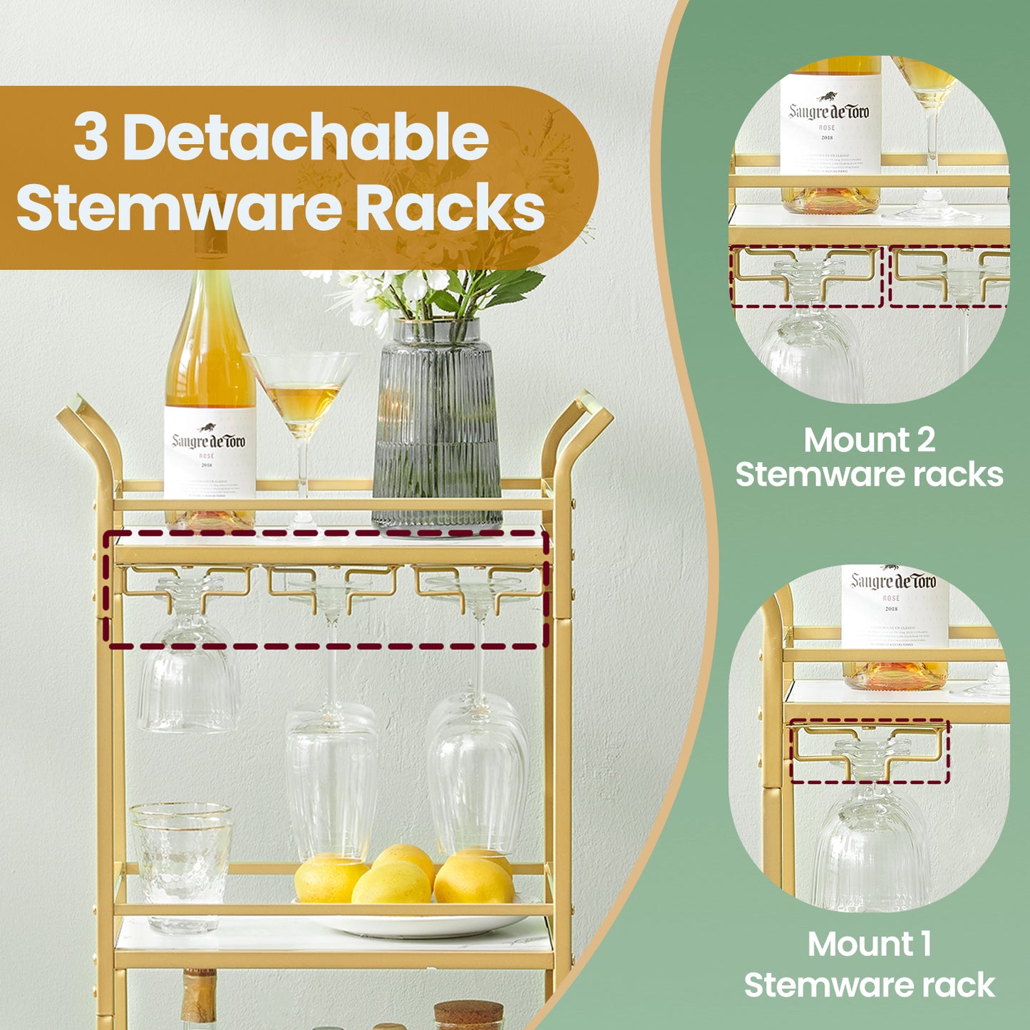 3-Tier Bar Cart with Wine Rack, Kitchen Serving Cart with Glass Holders for Small Spaces, Dining Room and Living Room, Pale Gold