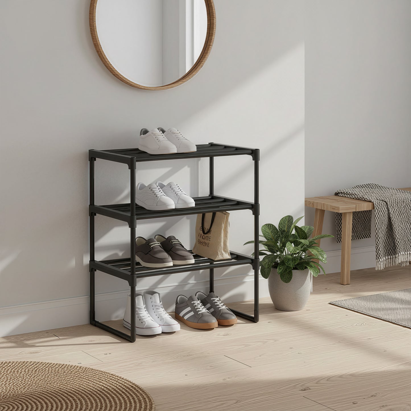 3-Tier Metal Shoe Rack, Stackable Shoe Organizer Shelf for 4-8 Pairs, Upright or Upside Down for Entryway, 16.7 x 21.5 Inches, Black