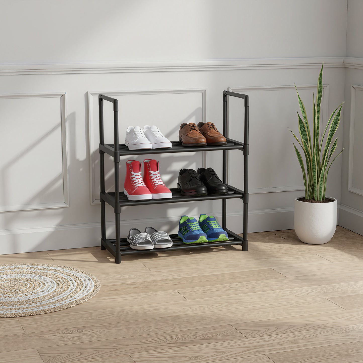 3-Tier Metal Shoe Rack, Stackable Shoe Organizer Shelf for 4-8 Pairs, Upright or Upside Down for Entryway, 16.7 x 21.5 Inches, Black