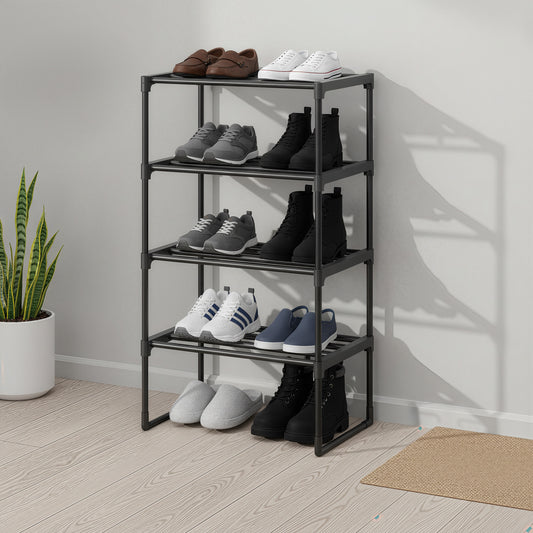 4-Tier Metal Shoe Rack, Stackable Shoe Organizer Shelf for 5-10 Pairs, Upright or Upside Down for Entryway, 16.7 x 28.2 Inches, Black