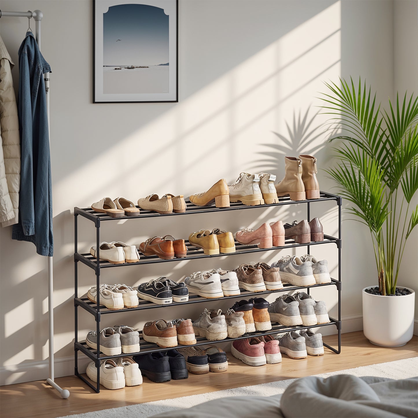 Shoe Rack, 4-Tier Metal Shoe Organizer for Entryway, Stands Upright or Upside Down, Holds 25-30 Pairs, Stackable & Tool-Free, Black