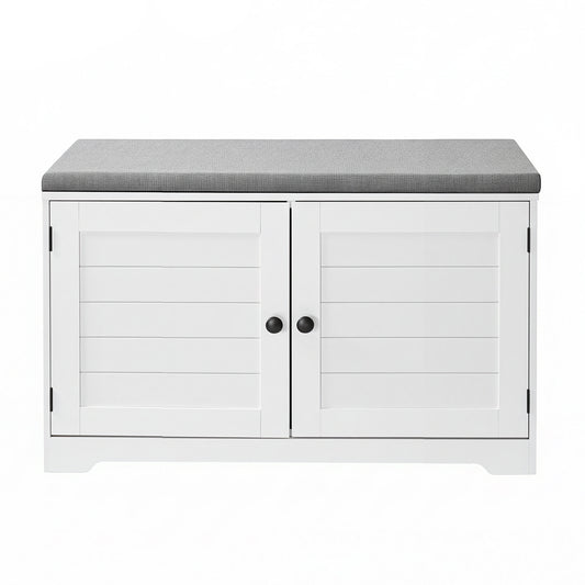 Shoe Storage Bench with Cushion, 3-Tier Entryway Bench with Adjustable Shelves and Doors, Hallway, Bedroom, Cloud White and Dove Gray