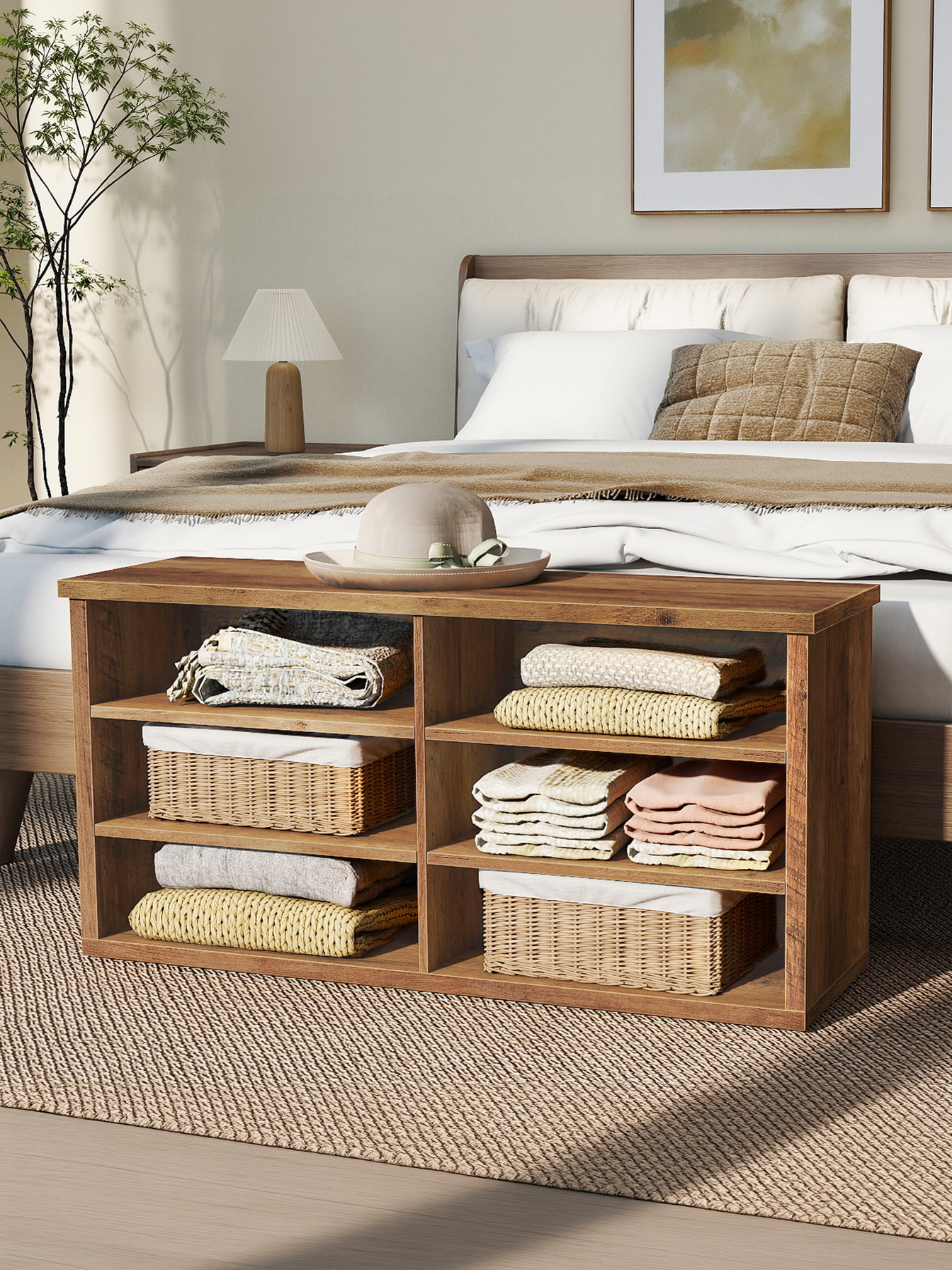 6-Compartment Shoe Bench with Adjustable Shelves, Storage Bench for Entryway, Living Room and Dorm, 39.4" W, Honey Brown