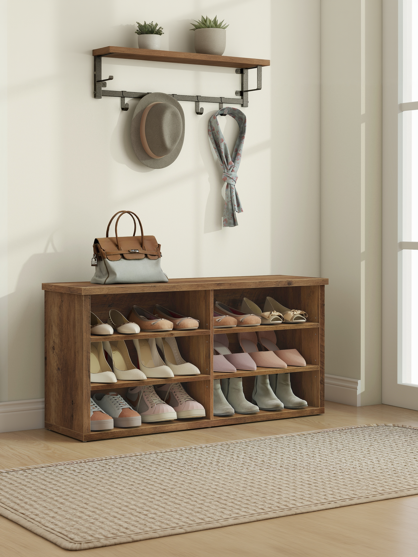 6-Compartment Shoe Bench with Adjustable Shelves, Storage Bench for Entryway, Living Room and Dorm, 39.4" W, Honey Brown