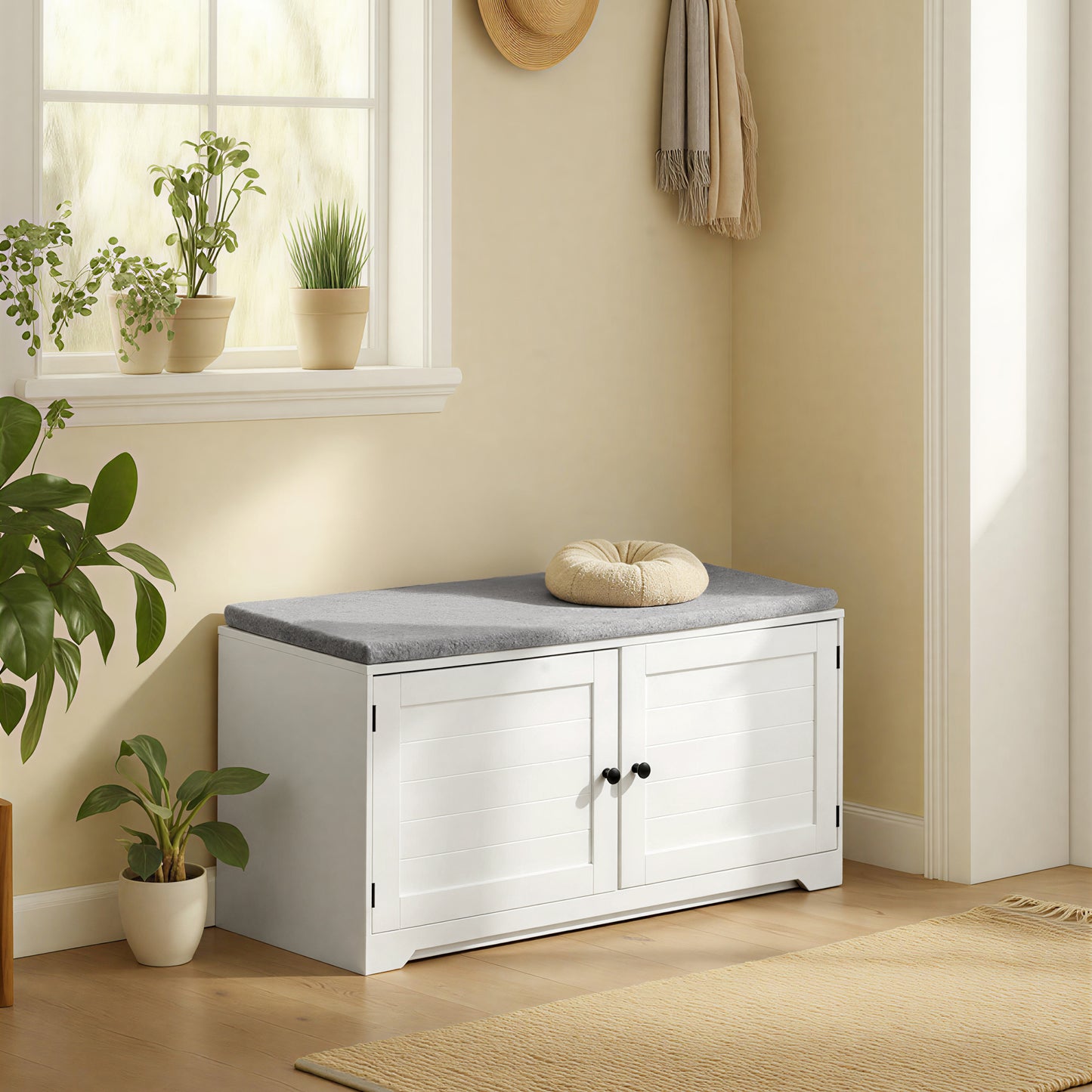 LEDREM 3-Tier Shoe Storage Bench with Cushion, Adjustable Shelves Entryway Bench for Hallway or Bedroom, 39.8-Inch Farmhouse Style, Cloud White and Dove Gray
