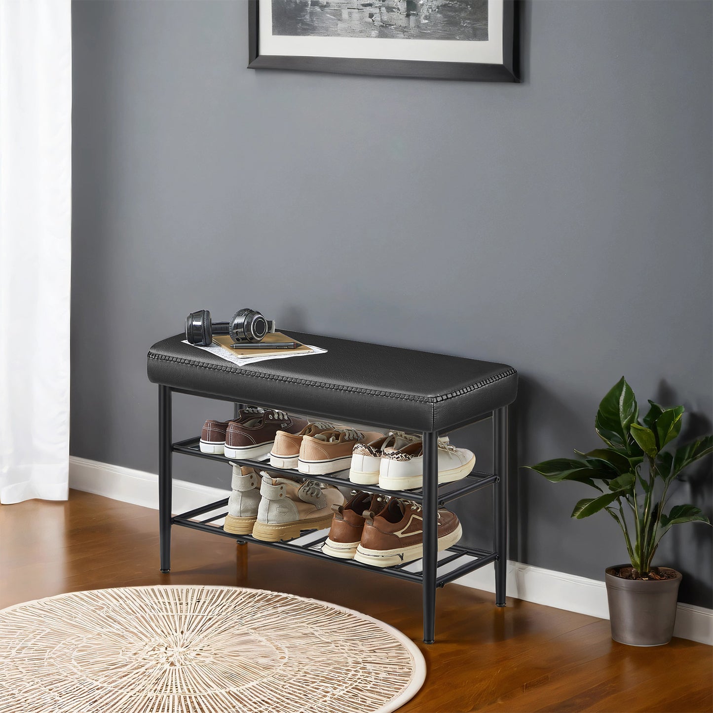 Storage Bench, Award-Winning Mid-Century Modern Shoe Rack, 300lb Capacity, Synthetic Leather Upholstered Entryway Bench with 3 Tiers, Easy Clean，Caramel Brown
