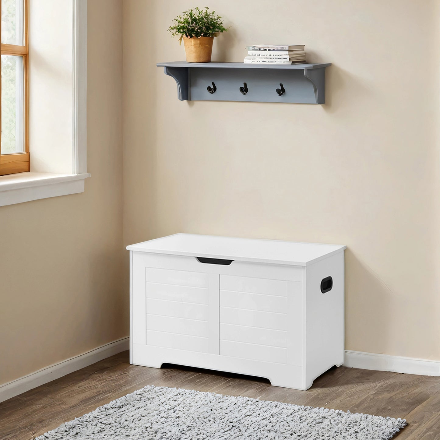 Farmhouse Style Storage Chest Bench with Safety Hinges, for Blankets & Pillows, 300 lb Seat Capacity, Easy Assembly, Cloud White