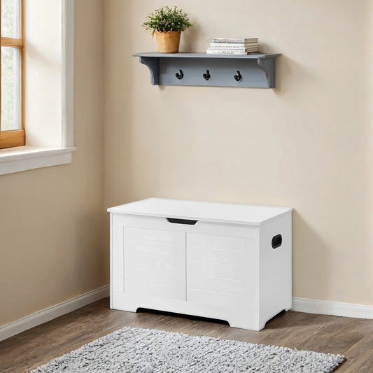 Farmhouse Style Storage Chest Bench with Safety Hinges, for Blankets & Pillows, 300 lb Seat Capacity, Easy Assembly, Cloud White