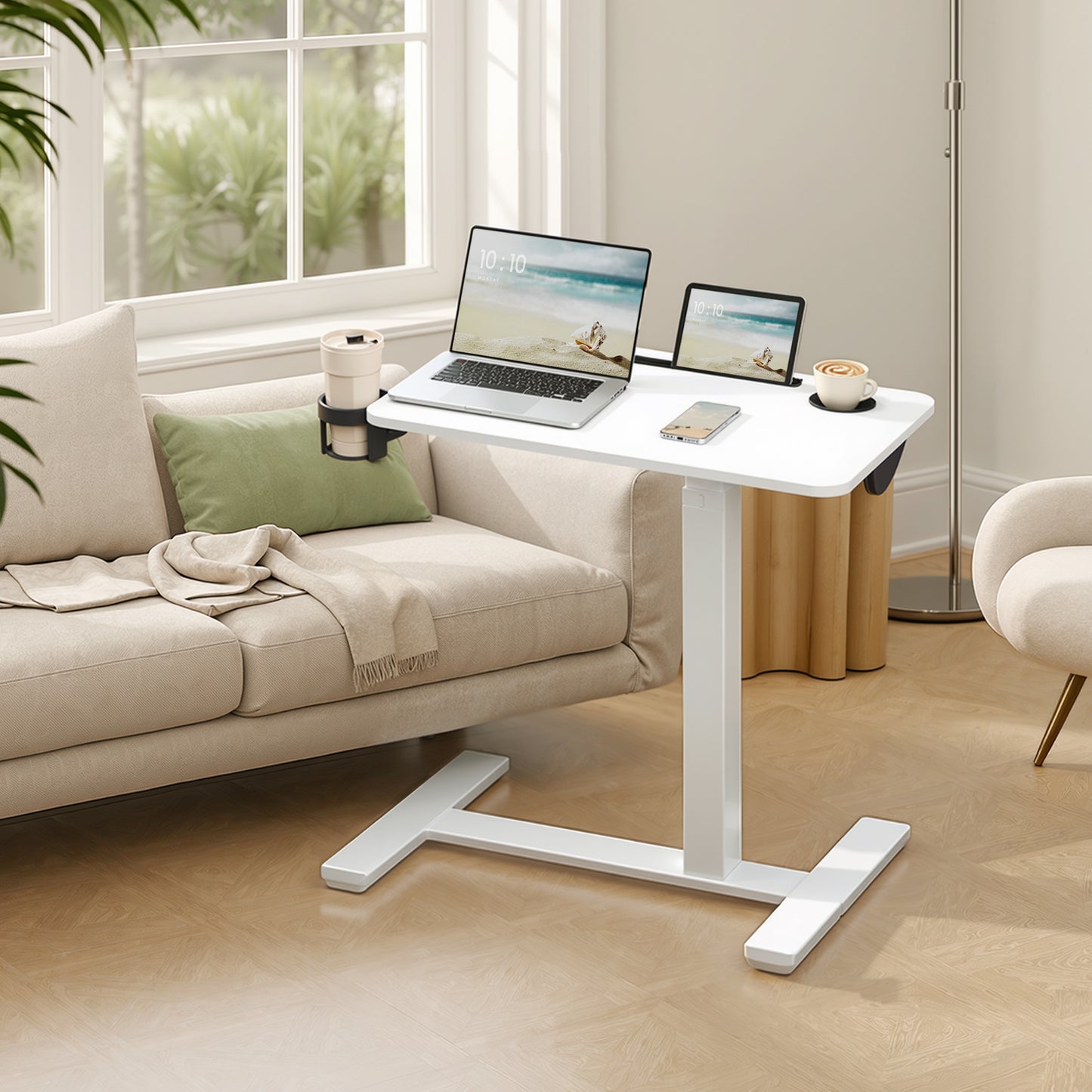 LEDREM Overbed Table with Wheels, Mobile Adjustable Standing Desk with 27.6 x 15.7 Inches Tabletop, Cup Holders and Device Slot, Cloud White