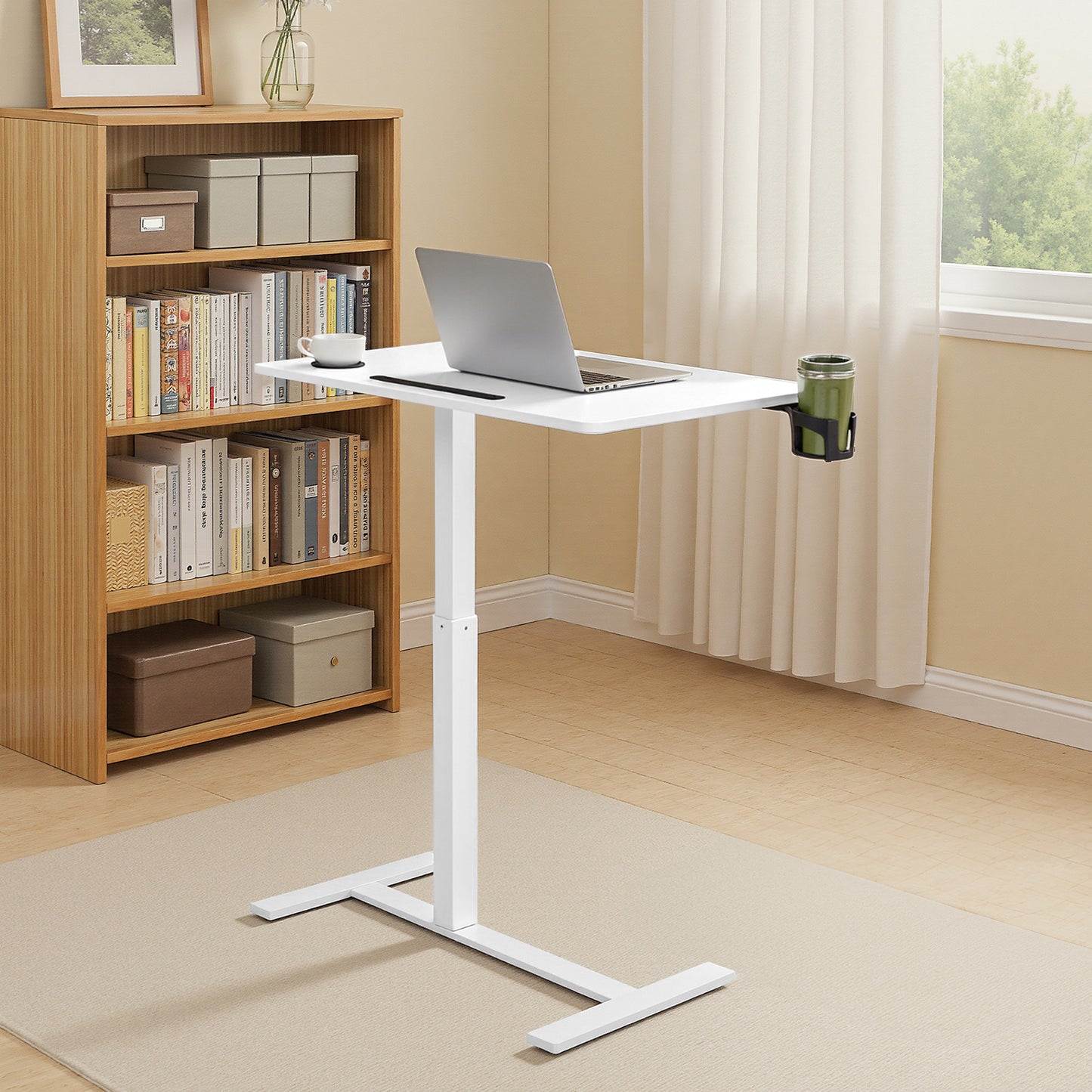 LEDREM Overbed Table with Wheels, Mobile Adjustable Standing Desk with 31.5 x 17.7 Inches Tabletop, Cup Holders and Device Slot, Cloud White