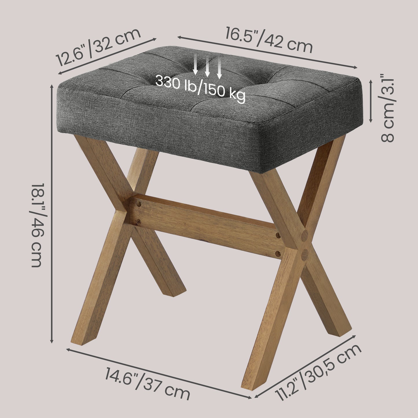 Makeup Stool with Solid Wood X-Legs, Padded Vanity Stool, Footrest for Bedroom, Entryway, 16.5 x 18.1 x 12.6 Inches, Slate Gray and Brown
