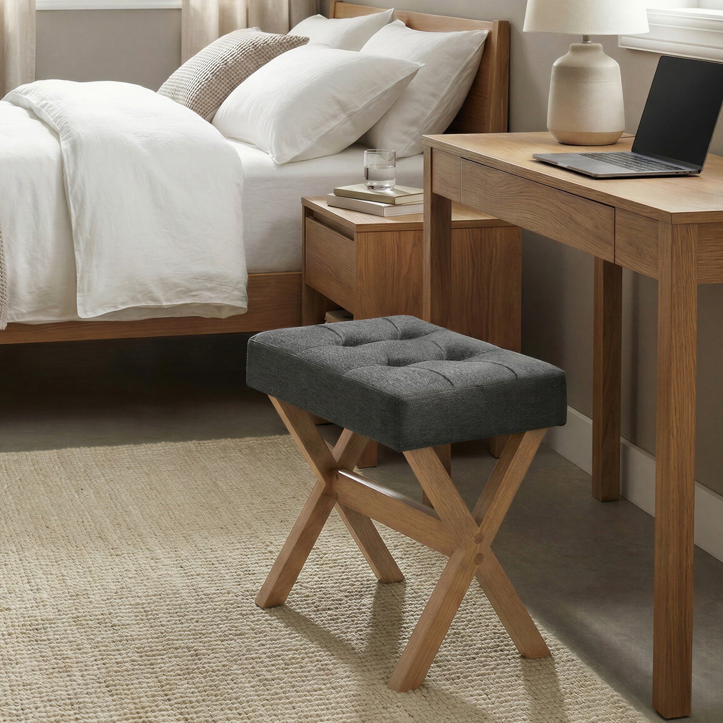 Makeup Stool with Solid Wood X-Legs, Padded Vanity Stool, Footrest for Bedroom, Entryway, 16.5 x 18.1 x 12.6 Inches, Slate Gray and Brown