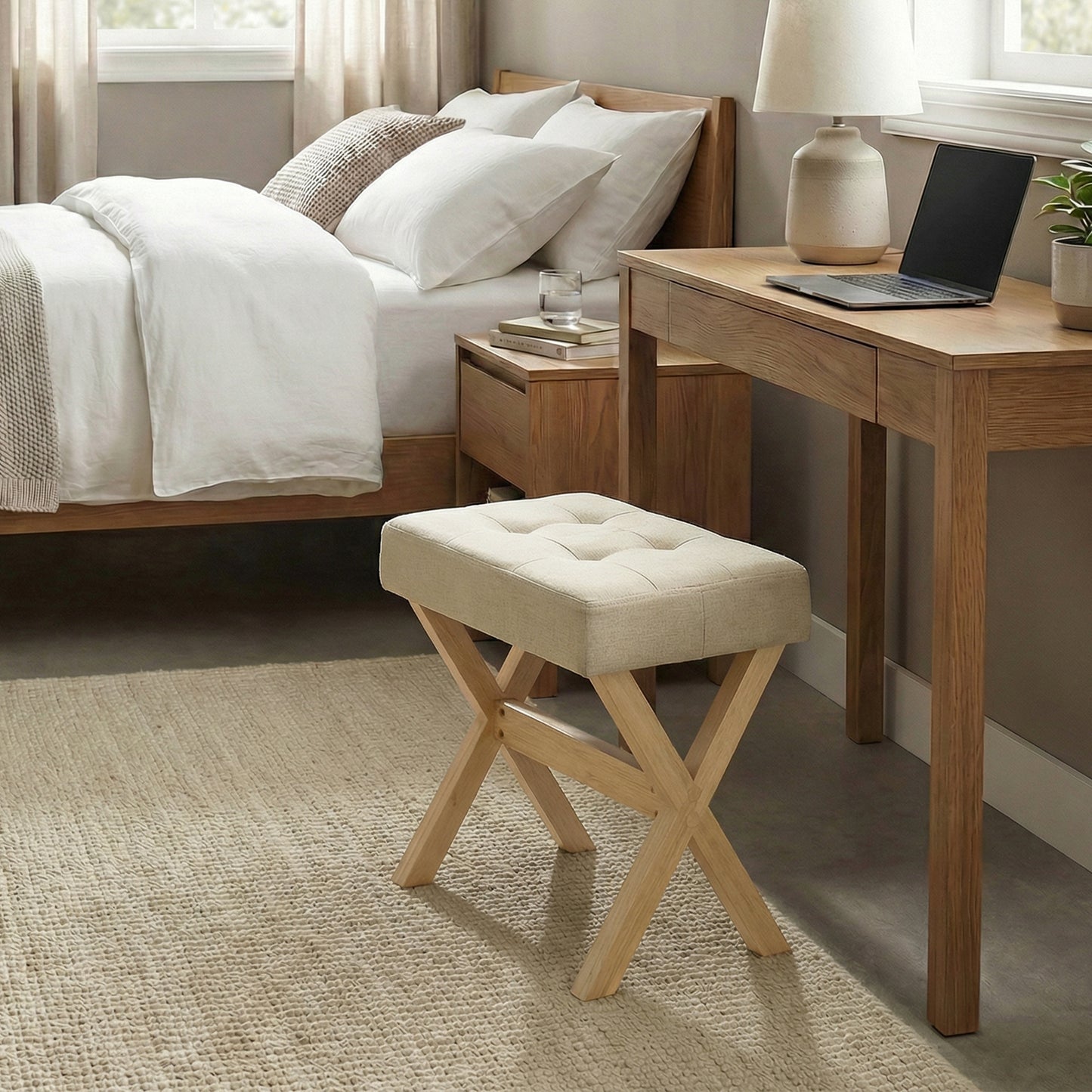 Makeup Stool with Solid Wood X-Legs, Padded Vanity Stool, Footrest for Bedroom, Entryway, 16.5 x 18.1 x 12.6 Inches, Summer Sand and Natural Beige