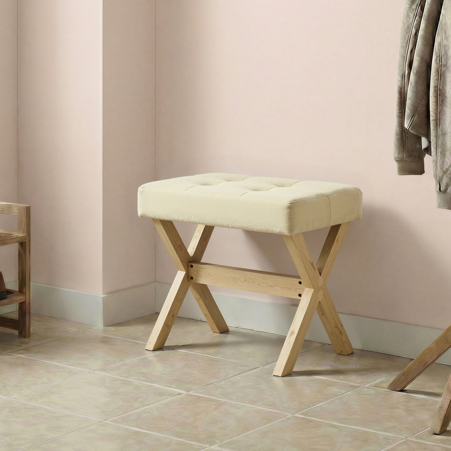 Makeup Stool with Solid Wood X-Legs, Padded Vanity Stool, Footrest for Bedroom, Entryway, 16.5 x 18.1 x 12.6 Inches, Summer Sand and Natural Beige