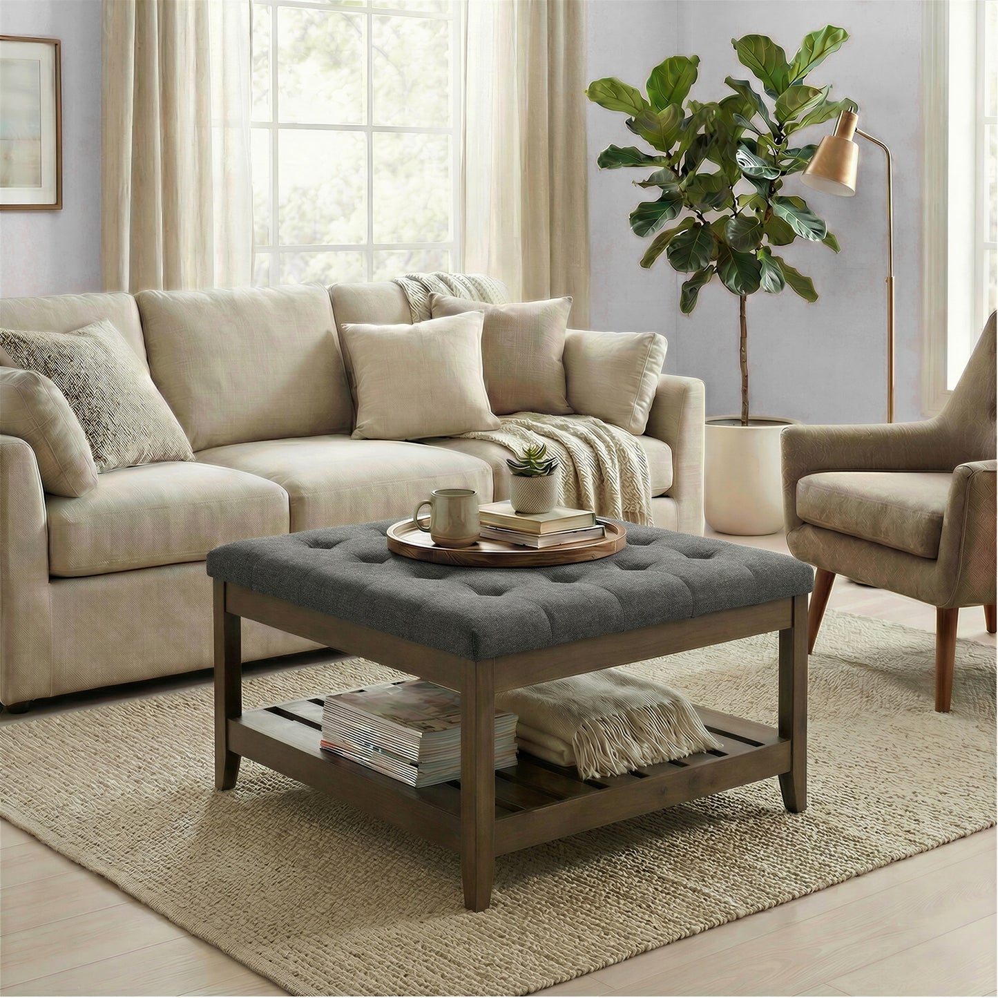 Square Storage Ottoman Coffee Table with Solid Wood Frame, Tufted Upholstered Footrest with Bottom Shelf, for Living Room, 31.5 x 17.7 x 31.5 Inches, Slate Gray