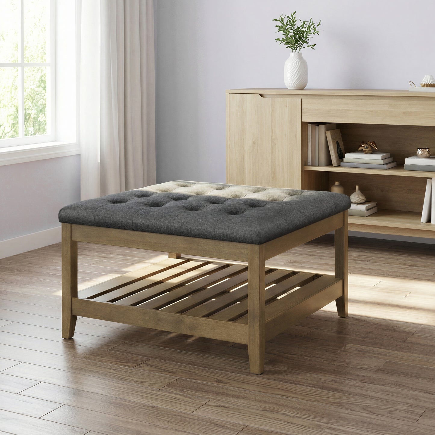 Square Storage Ottoman Coffee Table with Solid Wood Frame, Tufted Upholstered Footrest with Bottom Shelf, for Living Room, 31.5 x 17.7 x 31.5 Inches, Slate Gray