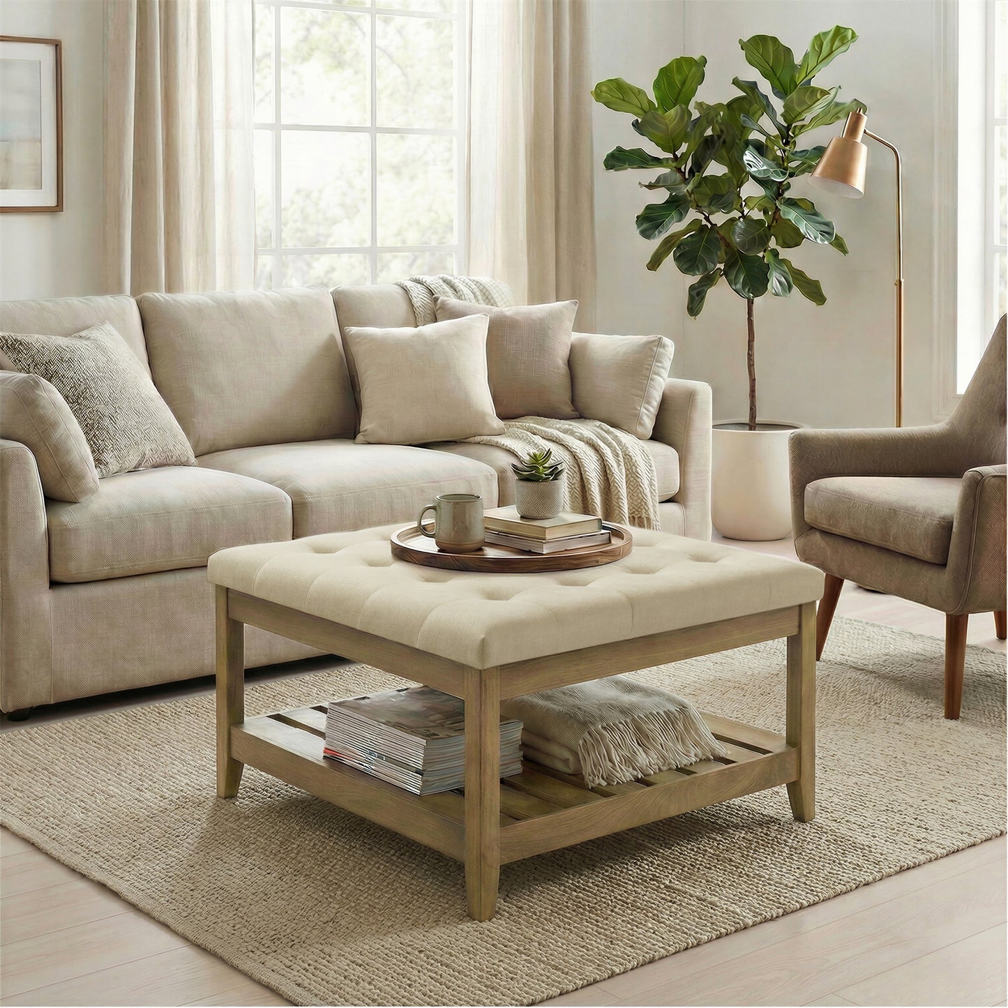 Square Storage Ottoman Coffee Table with Solid Wood Frame, Tufted Upholstered Footrest with Bottom Shelf, for Living Room, 31.5 x 17.7 x 31.5 Inches, Summer Sand