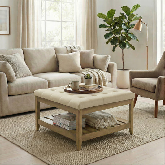 Square Storage Ottoman Coffee Table with Solid Wood Frame, Tufted Upholstered Footrest with Bottom Shelf, for Living Room, 31.5 x 17.7 x 31.5 Inches, Summer Sand