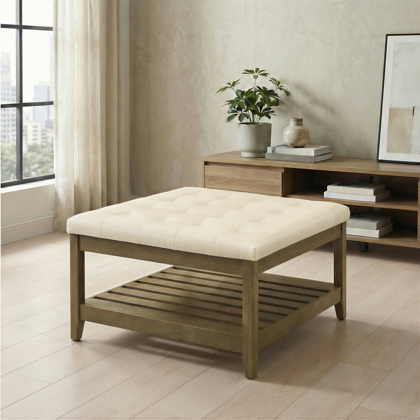 Square Storage Ottoman Coffee Table with Solid Wood Frame, Tufted Upholstered Footrest with Bottom Shelf, for Living Room, 31.5 x 17.7 x 31.5 Inches, Summer Sand
