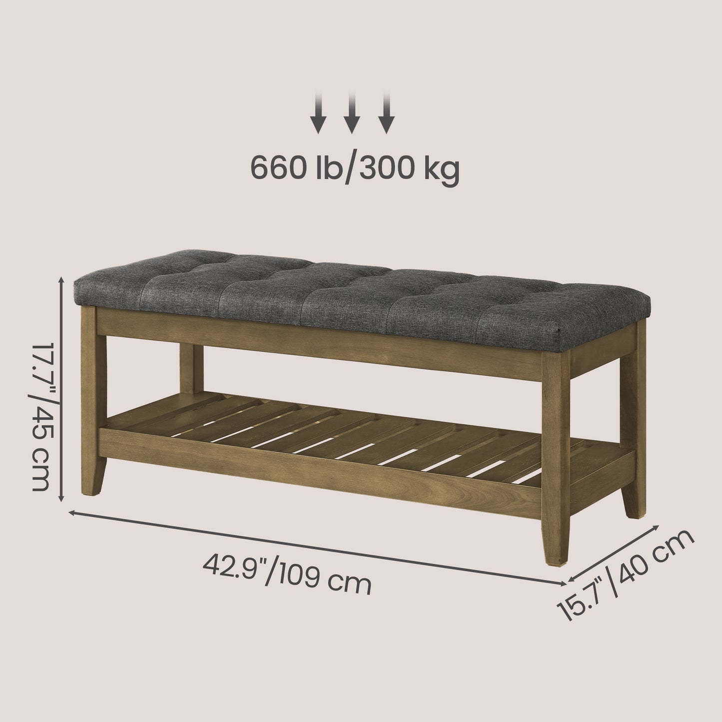 Upholstered End of Bed Bench with Storage Shelf, Solid Wood Frame Window Seat with Tufted Cushion, for Living Room, Bedroom, 42.9 x 17.7 x 15.7 Inches, Slate Gray
