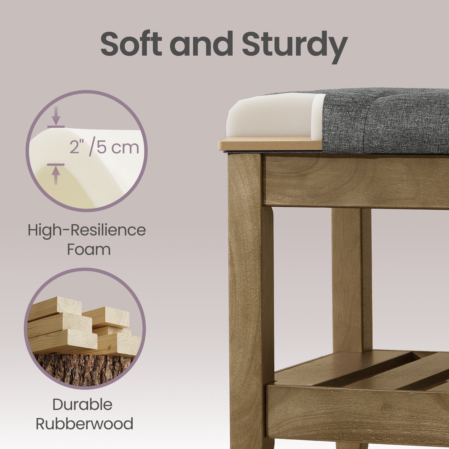 Upholstered End of Bed Bench with Storage Shelf, Solid Wood Frame Window Seat with Tufted Cushion, for Living Room, Bedroom, 42.9 x 17.7 x 15.7 Inches, Slate Gray