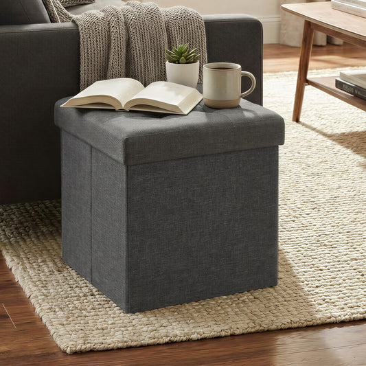 11.8 Inch Folding Storage Ottoman Cube, Footrest Stool with Tufted Linen-Look Cover for Living Room and Bedroom, Dark Gray