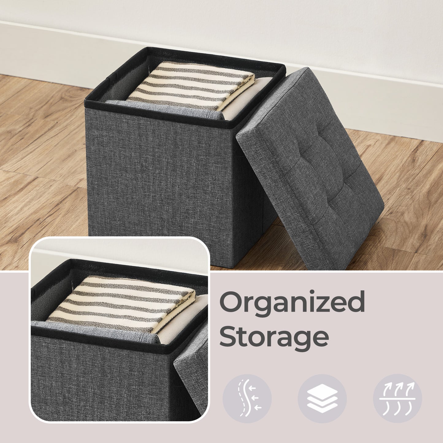 11.8 Inch Folding Storage Ottoman Cube, Footrest Stool with Tufted Linen-Look Cover for Living Room and Bedroom, Dark Gray