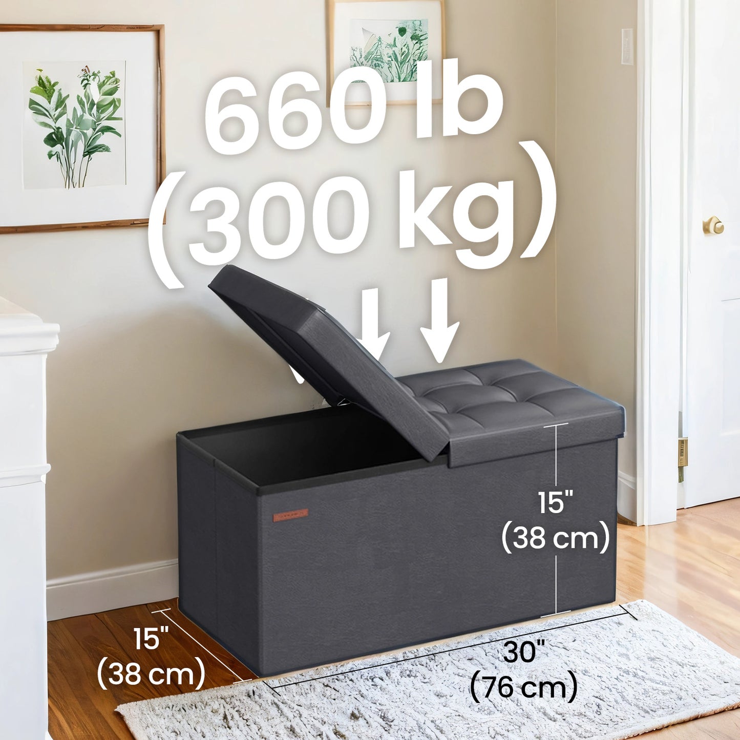 Storage Ottoman - 30" Flip-Top Bench, 660lb Capacity, 24-Gallon Storage, Synthetic Leather, Multi-Functional, Dark Gray