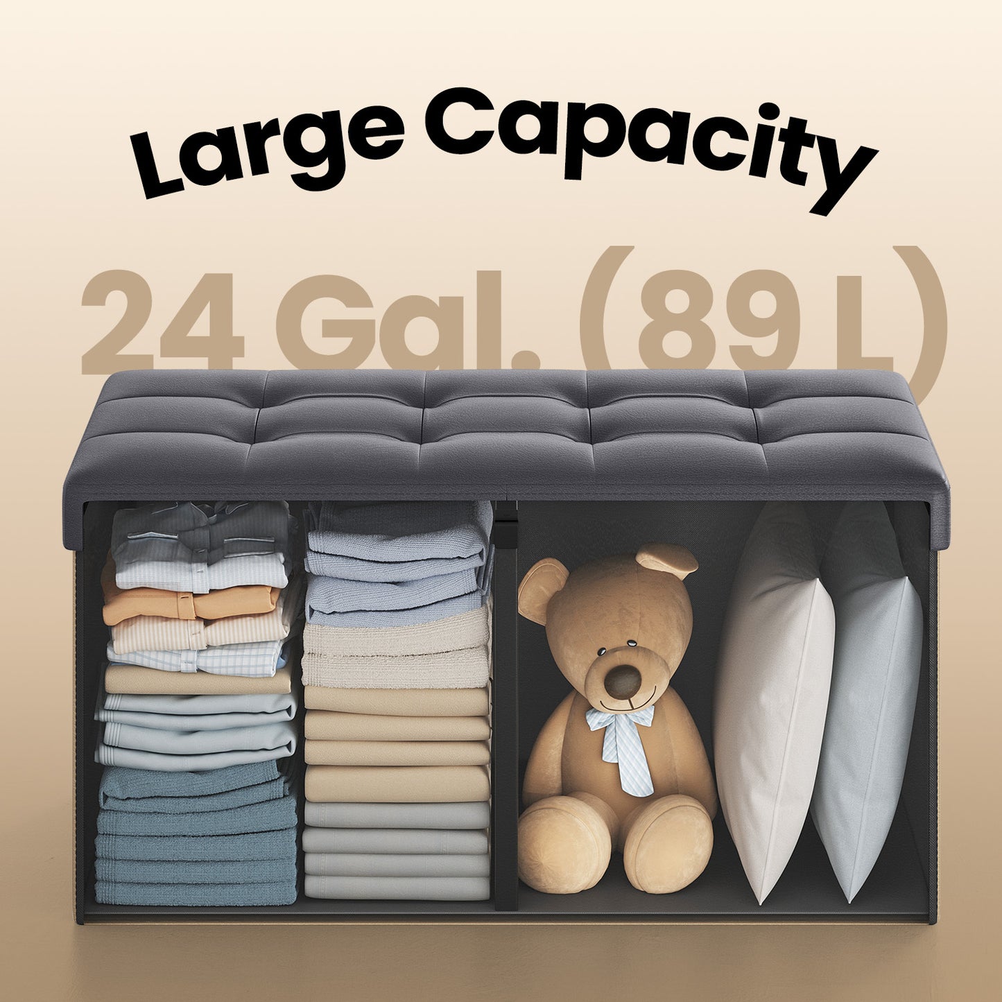 Storage Ottoman - 30" Flip-Top Bench, 660lb Capacity, 24-Gallon Storage, Synthetic Leather, Multi-Functional, Dark Gray