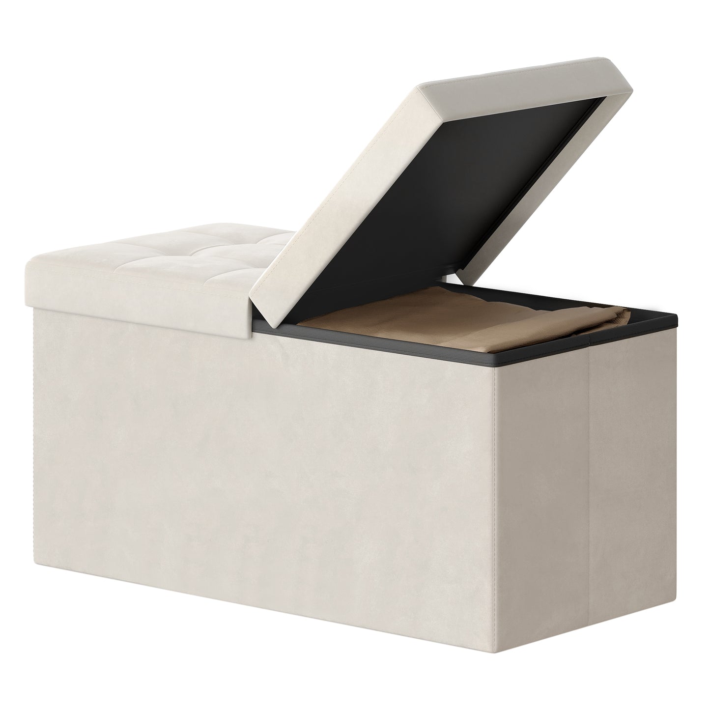 30-Inch Foldable Storage Ottoman Bench with Flipping Lid, Velvet Fabric, 24-Gallon Storage, 660 lb Capacity, Cappuccino Beige