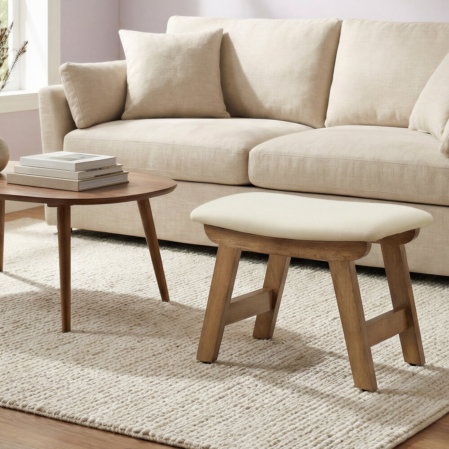 Padded Foot Stool Ottoman with Solid Wood Frame, Curved Cushion Footrest for Under Desk, Living Room, 15.4 x 11.8 x 9.9 Inches, Summer Sand and Brown