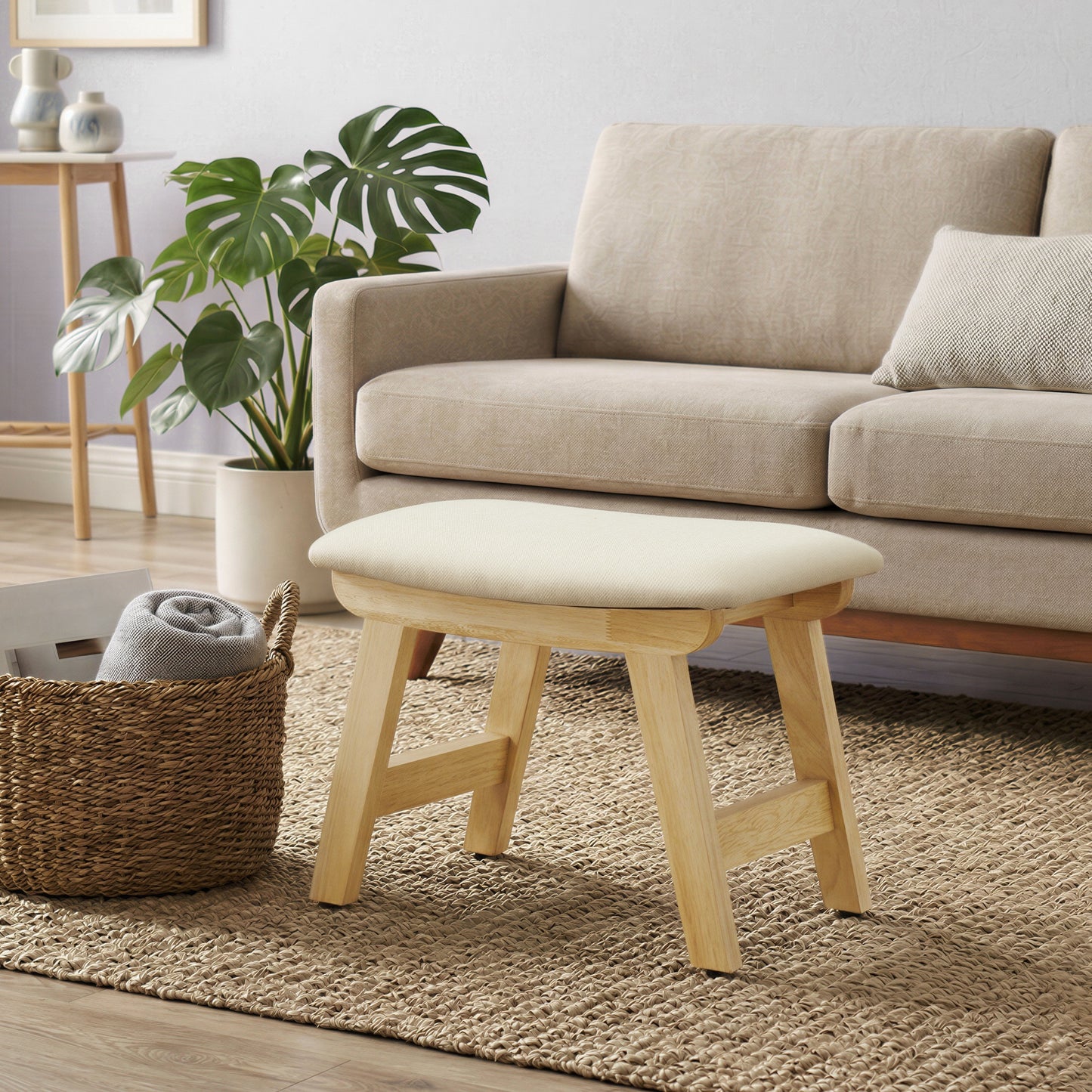 Padded Foot Stool Ottoman with Solid Wood Frame, Curved Cushion Footrest for Under Desk, Living Room, 15.4 x 11.8 x 9.8 Inches, Summer Sand and Natural Beige