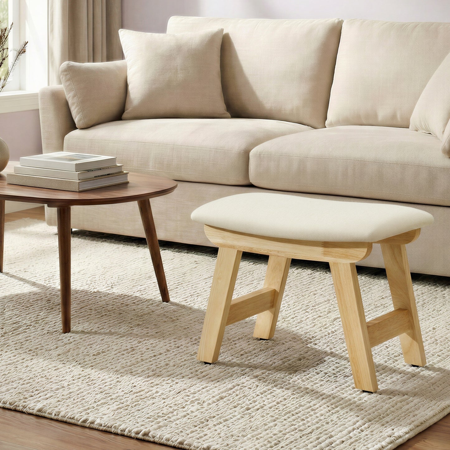 Padded Foot Stool Ottoman with Solid Wood Frame, Curved Cushion Footrest for Under Desk, Living Room, 15.4 x 11.8 x 9.8 Inches, Summer Sand and Natural Beige