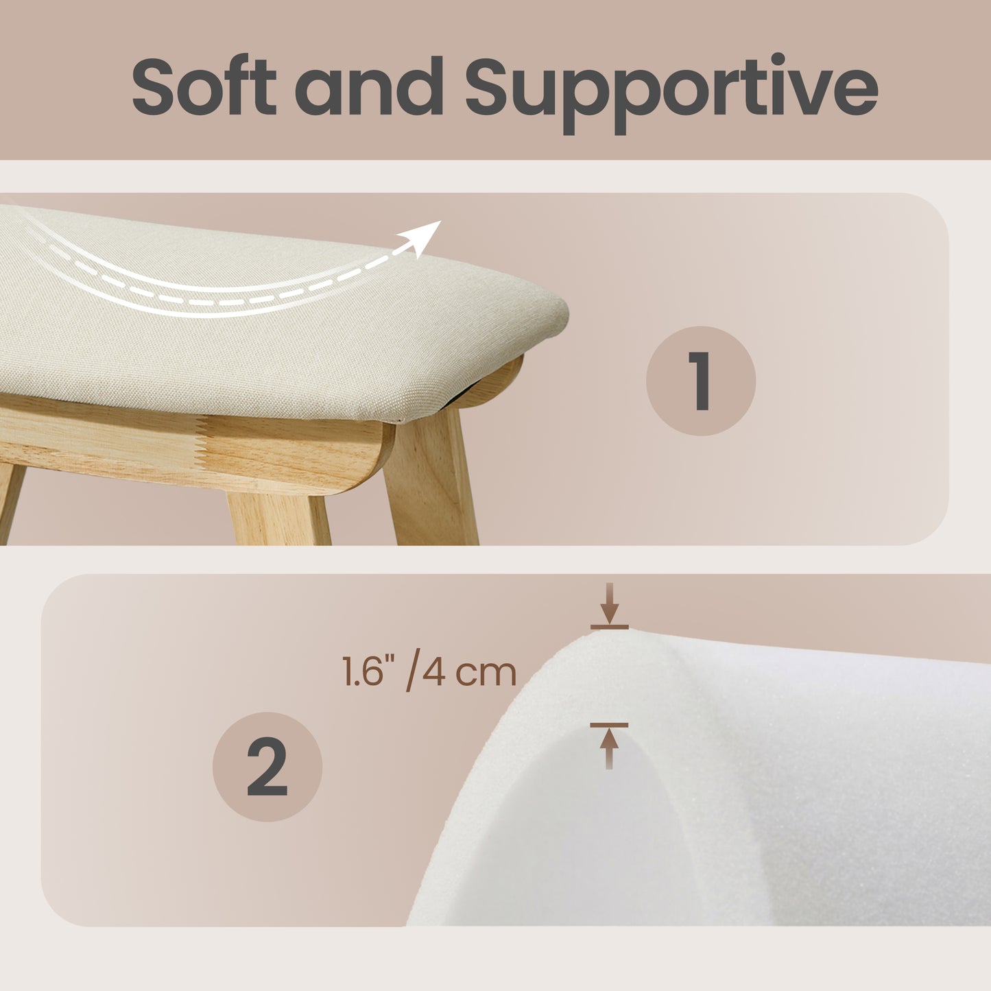 Padded Foot Stool Ottoman with Solid Wood Frame, Curved Cushion Footrest for Under Desk, Living Room, 15.4 x 11.8 x 9.8 Inches, Summer Sand and Natural Beige