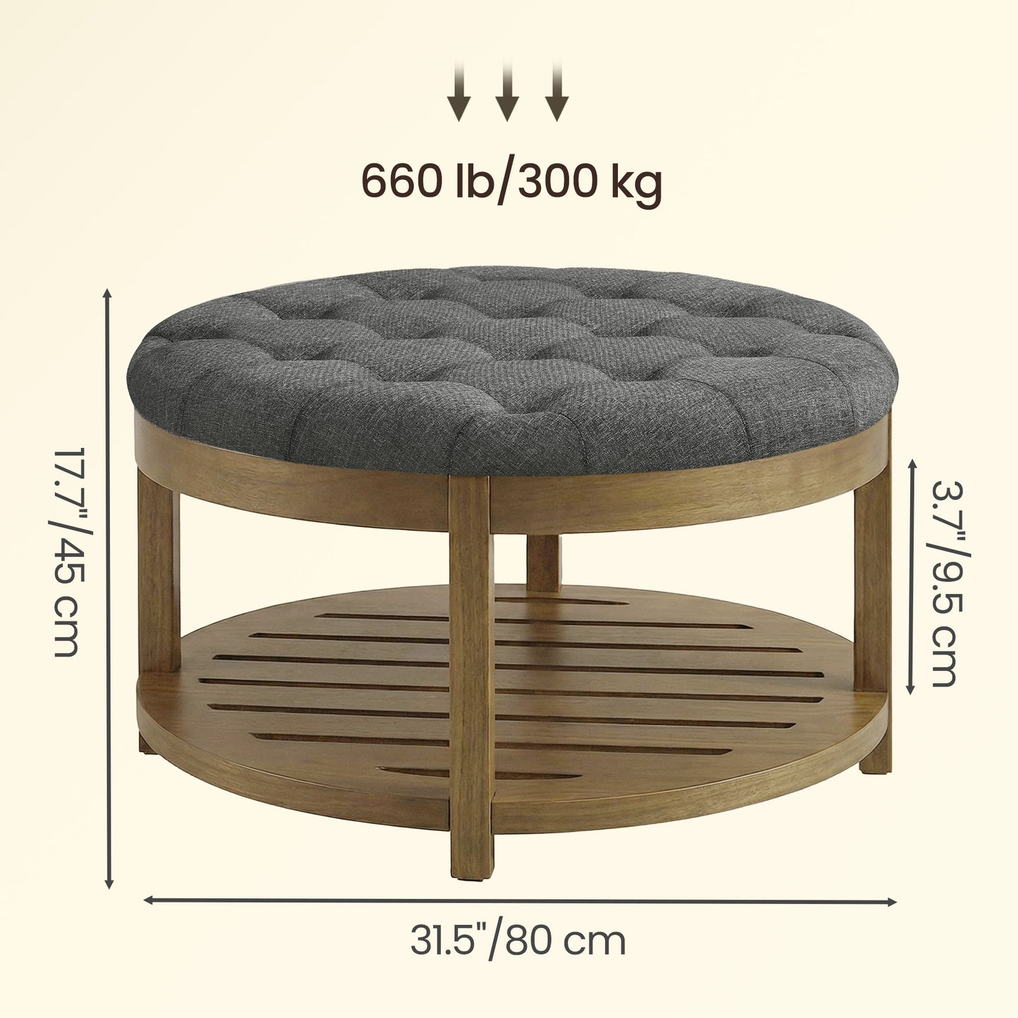 Round Storage Ottoman Coffee Table with Solid Wood Frame, Tufted Upholstered Footrest with Bottom Shelf, for Living Room, 31.5 x 17.7 Inches, Slate Gray