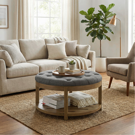 Round Storage Ottoman Coffee Table with Solid Wood Frame, Tufted Upholstered Footrest with Bottom Shelf, for Living Room, 31.5 x 17.7 Inches, Slate Gray