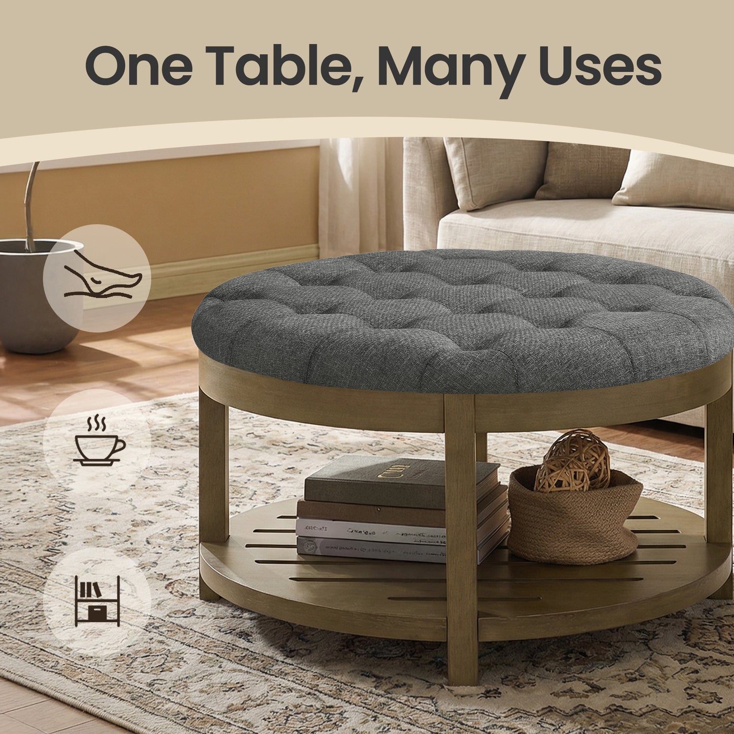 Round Storage Ottoman Coffee Table with Solid Wood Frame, Tufted Upholstered Footrest with Bottom Shelf, for Living Room, 31.5 x 17.7 Inches, Slate Gray