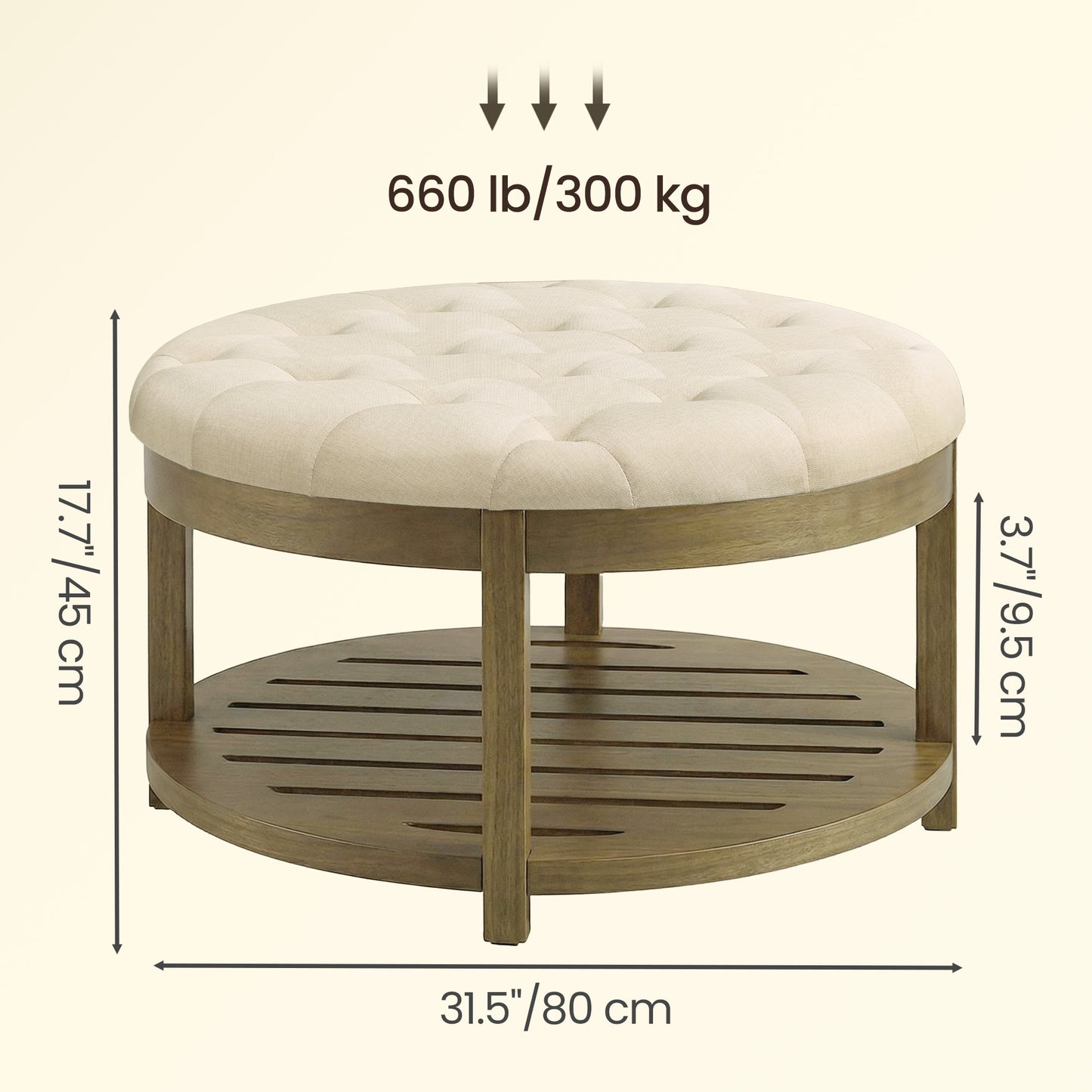 Round Storage Ottoman Coffee Table with Solid Wood Frame, Tufted Upholstered Footrest with Bottom Shelf, for Living Room, 31.5 x 17.7 Inches, Summer Sand