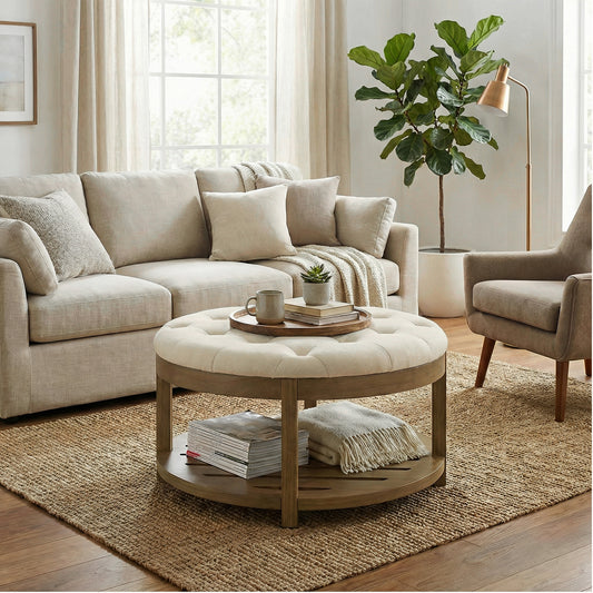 Round Storage Ottoman Coffee Table with Solid Wood Frame, Tufted Upholstered Footrest with Bottom Shelf, for Living Room, 31.5 x 17.7 Inches, Summer Sand