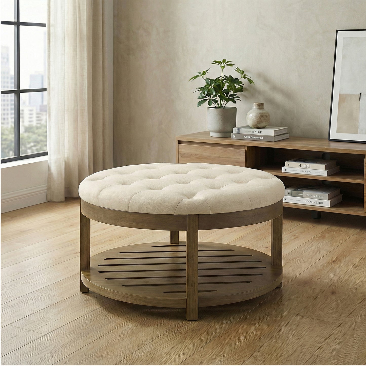 Round Storage Ottoman Coffee Table with Solid Wood Frame, Tufted Upholstered Footrest with Bottom Shelf, for Living Room, 31.5 x 17.7 Inches, Summer Sand