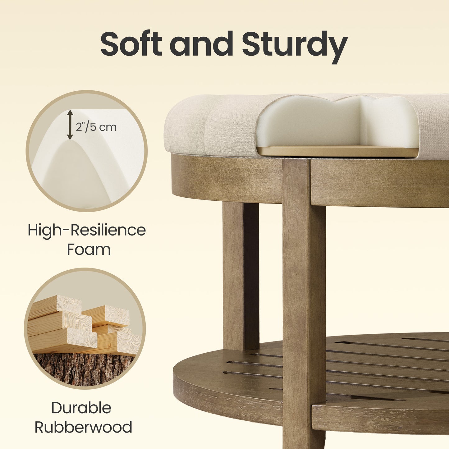 Round Storage Ottoman Coffee Table with Solid Wood Frame, Tufted Upholstered Footrest with Bottom Shelf, for Living Room, 31.5 x 17.7 Inches, Summer Sand